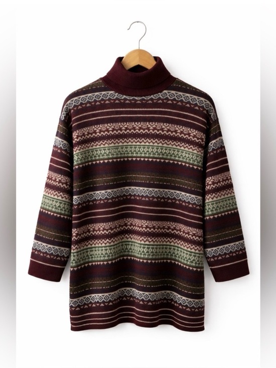 Grace Sweaters - Fair Isle Turtleneck Sweater Maroon Burgundy Vintage Style Nordic Winter S/M